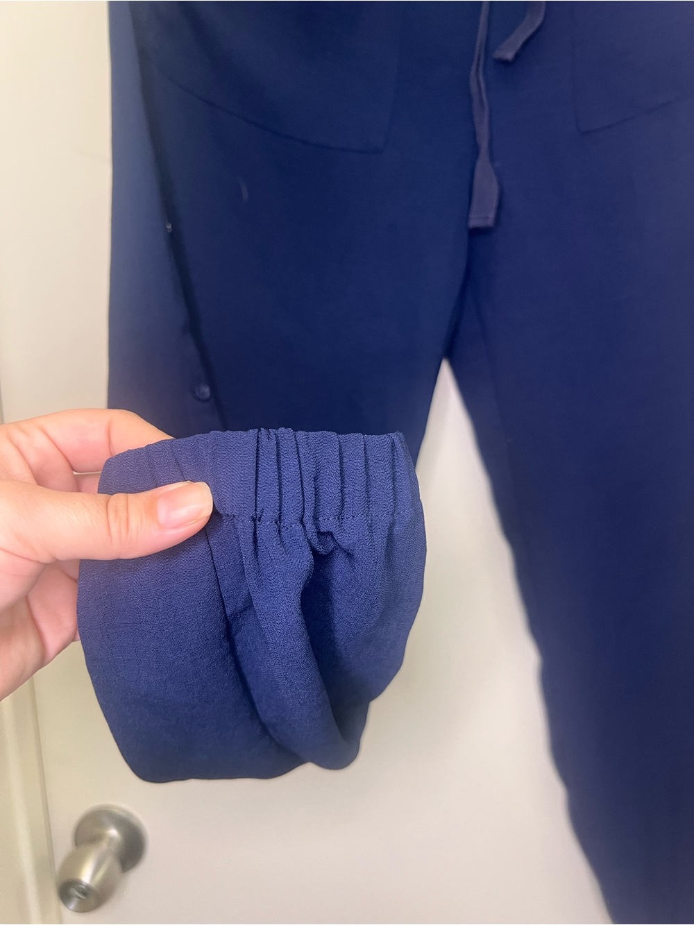 Doe & Rae Navy Button Side Jogger Pants | Casual Chic Pull On Trousers - Picture 6 of 10
